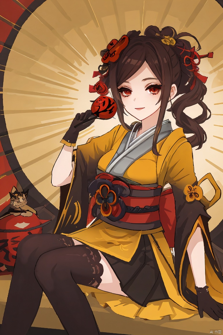 chiori, 1girl, hand fan, daruma doll, gloves, umbrella, thighhighs, maneki-neko, holding, solo, folding fan, japanese clothes, hair ornament, flower, sitting, black gloves, brown hair, kagami mochi, red eyes, looking at viewer, oil-paper umbrella, elbow gloves, holding umbrella, breasts, kimono, holding fan, ema, black thighhighs, hamaya, food, smile, new year
, chiori