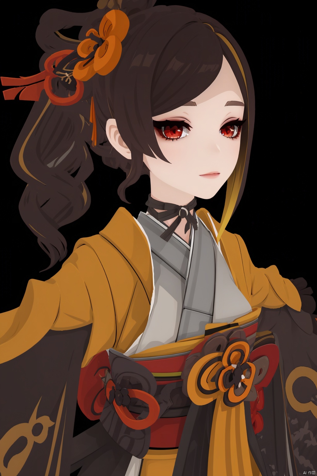 chiori, 1girl, solo, japanese clothes, hair ornament, red eyes, kimono, looking at viewer, flower, simple background, bangs, brown hair, black background, multicolored hair, hair flower, side ponytail, obi, sash