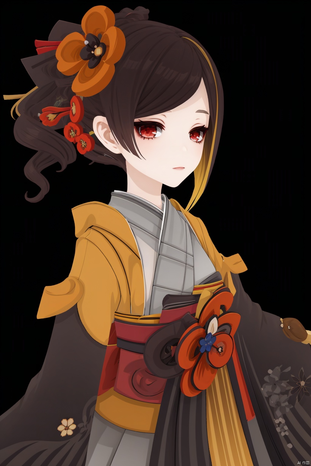 chiori, 1girl, solo, japanese clothes, hair ornament, red eyes, kimono, looking at viewer, flower, simple background, bangs, brown hair, black background, multicolored hair, hair flower, side ponytail, obi, sash
