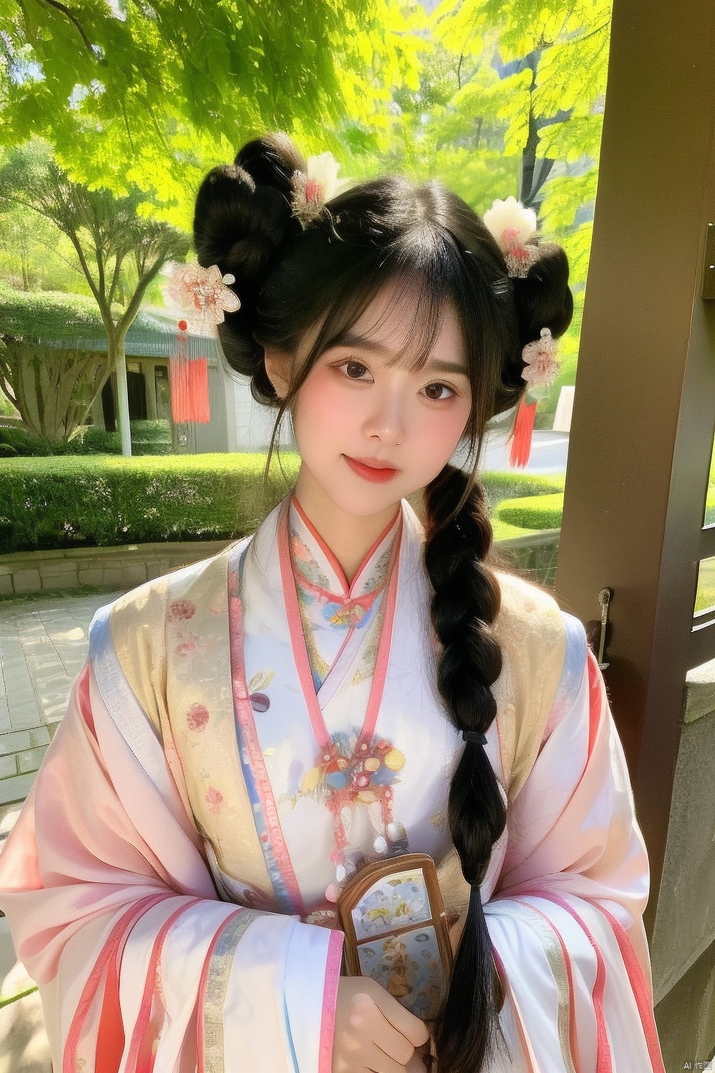  1girl,solo,hair ornament,black hair,realistic,chinese clothes,looking at viewer,hair flower,flower,black eyes,outdoors,long sleeves,double bun,hair bun,hand fan,wide sleeves,day,upper body,bangs,head tilt,hanfu,lips,closedmouth,