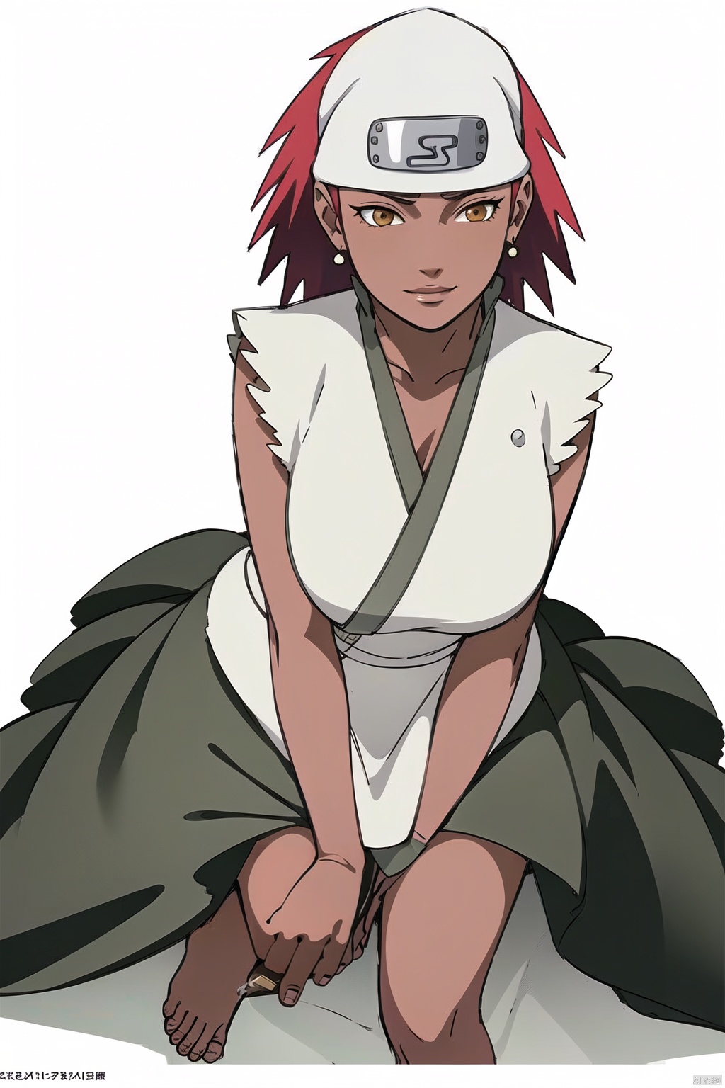 (White background: 1.3),
1 girl, solo, busty, 30 years old, royal sister, pretty,
Short hair, (big breasts :1.3), red hair, Ninja, turban, Grey top, Long skirt, Fine dress, bare feet, bare legs,
Sit on your knees, hands on your knees, smile for the camera,
High resolution, master paintings, CG, wallpaper, super Detail, intricate details, masterpieces, 8k, contrast, smooth, bright picture, soft picture, Rembrandt lighting, amazing,
Manga style, manga, anime, Games cg,kaluyi, 