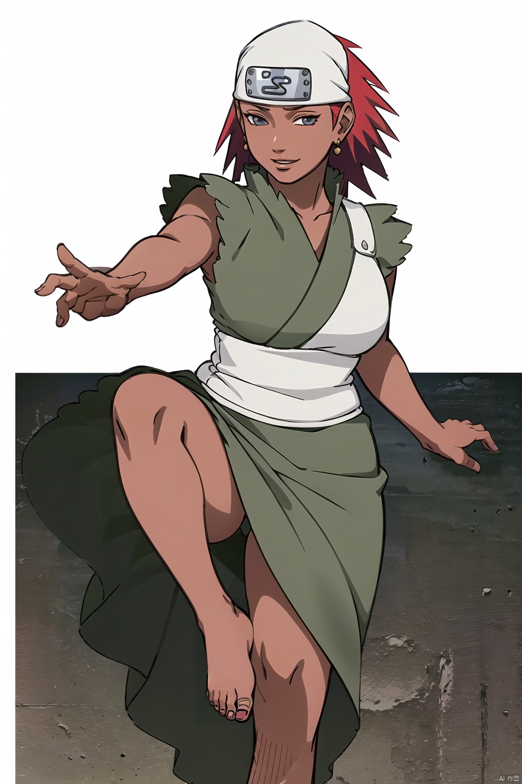 (White background: 1.3),
1 girl, solo, busty, 30 years old, royal sister, pretty,
Short hair, (big breasts :1.3), red hair, Ninja, turban, Grey top, Long skirt, Fine dress, bare feet, bare legs,
Graceful movements, smiling for the camera,
High resolution, master paintings, CG, wallpaper, super Detail, intricate details, masterpieces, 8k, contrast, smooth, bright picture, soft picture, Rembrandt lighting, amazing,
Manga style, manga, anime, Games cg,kaluyi, 