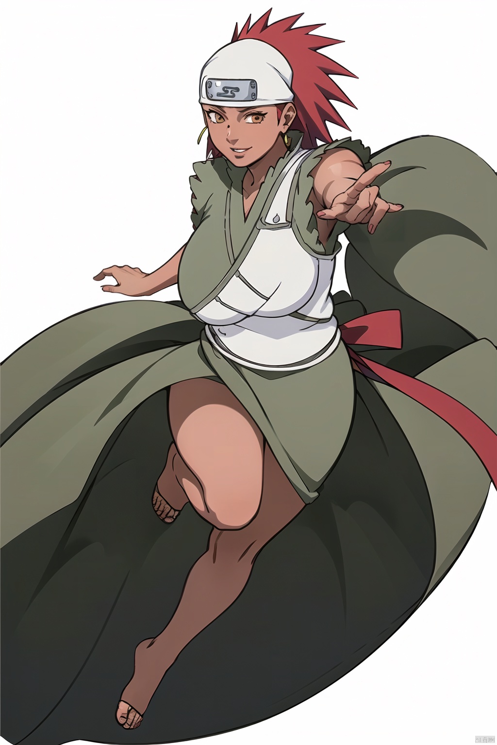 (White background: 1.3),
1 girl, solo, busty, 30 years old, royal sister, pretty,
Short hair, (big breasts :1.3), red hair, Ninja, turban, Grey top, Long skirt, Fine dress, bare feet, bare legs,
Graceful movements, smiling for the camera,
High resolution, master paintings, CG, wallpaper, super Detail, intricate details, masterpieces, 8k, contrast, smooth, bright picture, soft picture, Rembrandt lighting, amazing,
Manga style, manga, anime, Games cg,kaluyi, 