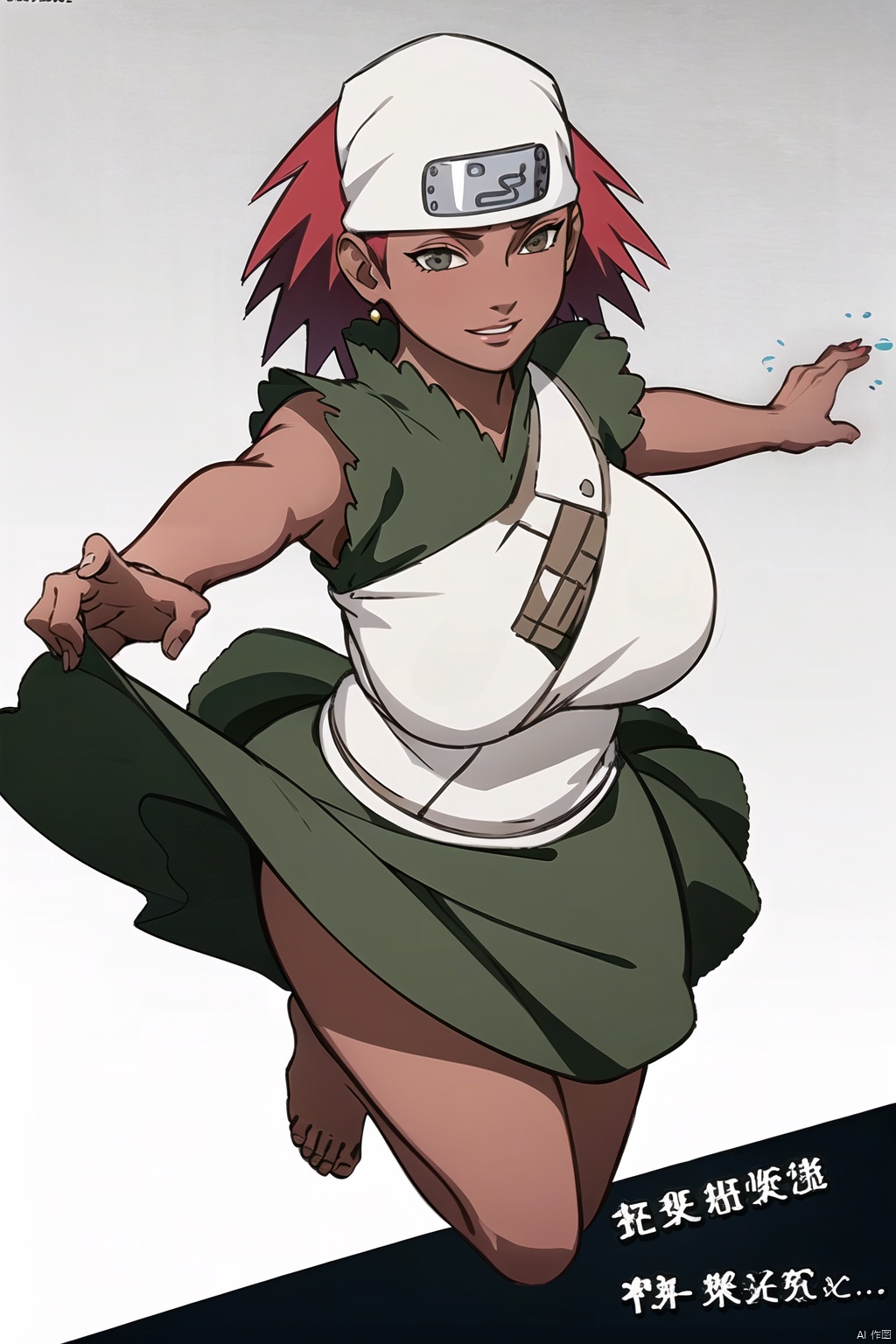 (White background: 1.3),
1 girl, solo, busty, 30 years old, royal sister, pretty,
Short hair, (big breasts :1.3), red hair, Ninja, turban, Grey top, Long skirt, Fine dress, bare feet, bare legs,
Graceful movements, smiling for the camera,
High resolution, master paintings, CG, wallpaper, super Detail, intricate details, masterpieces, 8k, contrast, smooth, bright picture, soft picture, Rembrandt lighting, amazing,
Manga style, manga, anime, Games cg,kaluyi, 