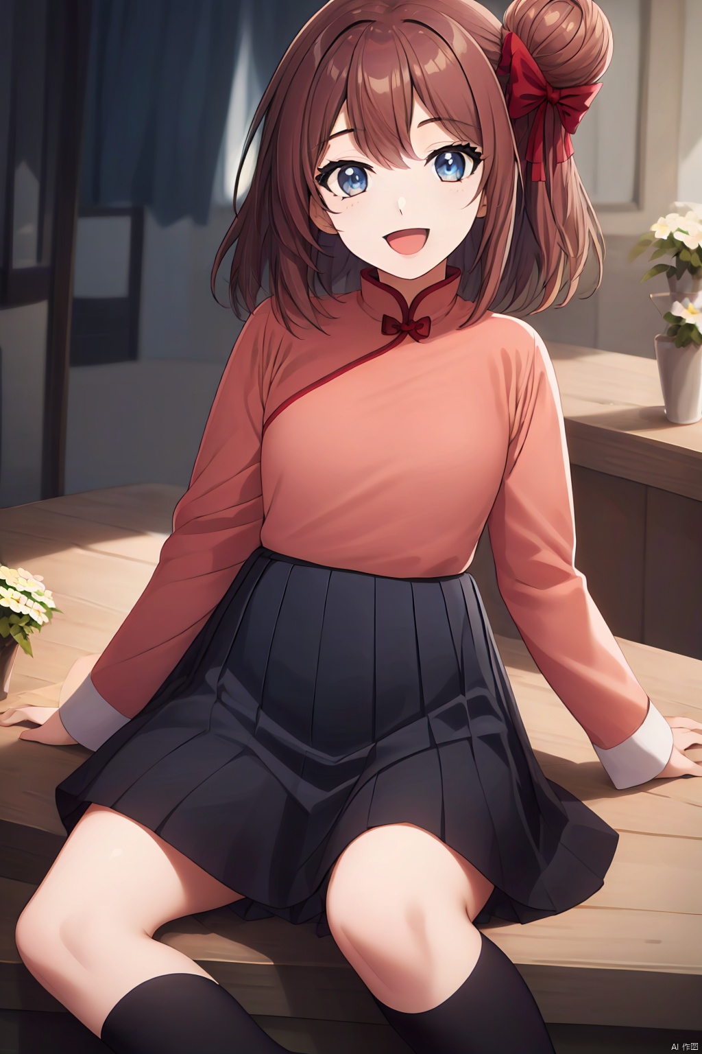 1girl, solo, looking at viewer, blush, smile, open mouth, bangs, blue eyes, skirt, brown hair, shirt, long sleeves, bow, hair between eyes, standing, flower, :d, hair bow, pleated skirt, shoes, day, socks, puffy sleeves, indoors, black skirt, hair bun, red bow, sleeves past wrists, kneehighs, chinese clothes, single hair bun, white flower, black socks, puffy long sleeves, skirt hold, vase