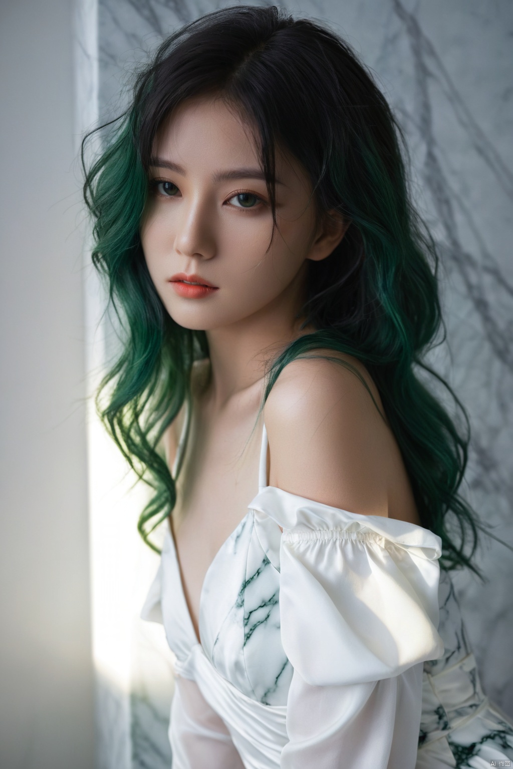  ultra wide field, ultra dynamic lighting amazing shadows, Deep photo,depth of field,shadows,
hubggirl, messy hair,dark,dark photo,grainy,dimly lit,,harsh camera flash, green hair,white_marble_glowing_skin,white backless_dress, hubg_jsnh, zzlgirl