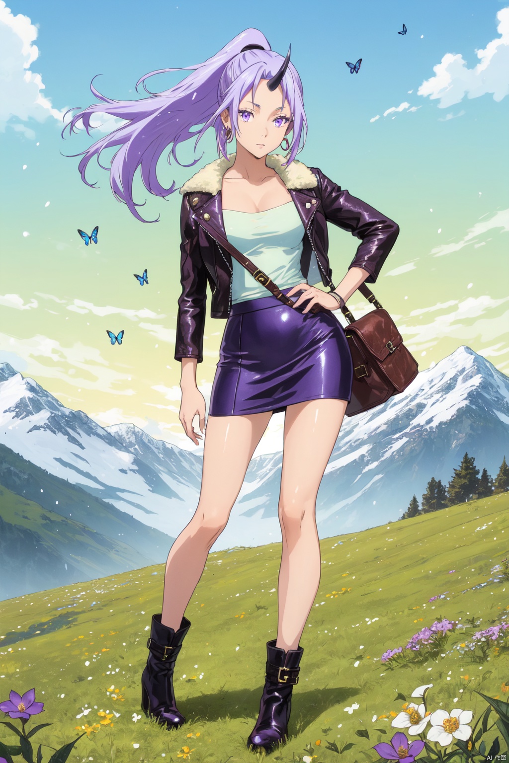 1girl,looking at viewer,solo,oni,purple hair,long hair,horns,ponytail,purple eyes,Leather jacket, midi skirt, ankle boots, crossbody bag, hoop earrings,beautiful face,beautiful eyes,glossy skin,shiny skin,Meadow, Flowers, Grass, Alps, Sunshine, Breeze, Butterflies, Melting snow,beautiful detailed sky,beautiful detailed glow,posing in front of a colorful and dynamic background,masterpiece,best quality,beautiful and aesthetic,contrapposto,female focus,wallpaper,fashion,Shion_CYQL