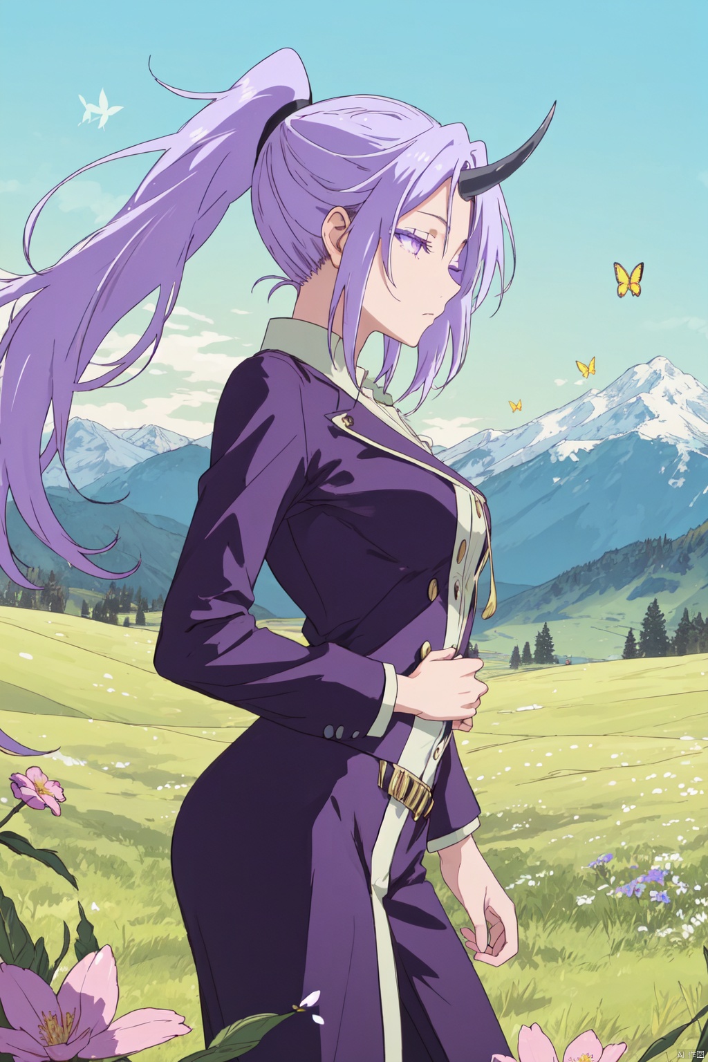 1girl,looking at viewer,solo,oni,purple hair,long hair,horns,ponytail,purple eyes,Sleepy, Drooping eyelids, half-closed eyes, and a slightly dazed expression.,profile,beautiful face,beautiful eyes,glossy skin,shiny skin,Meadow, Flowers, Grass, Alps, Sunshine, Breeze, Butterflies, Melting snow,beautiful detailed sky,beautiful detailed glow,posing in front of a colorful and dynamic background,masterpiece,best quality,beautiful and aesthetic,contrapposto,female focus,wallpaper,fashion,