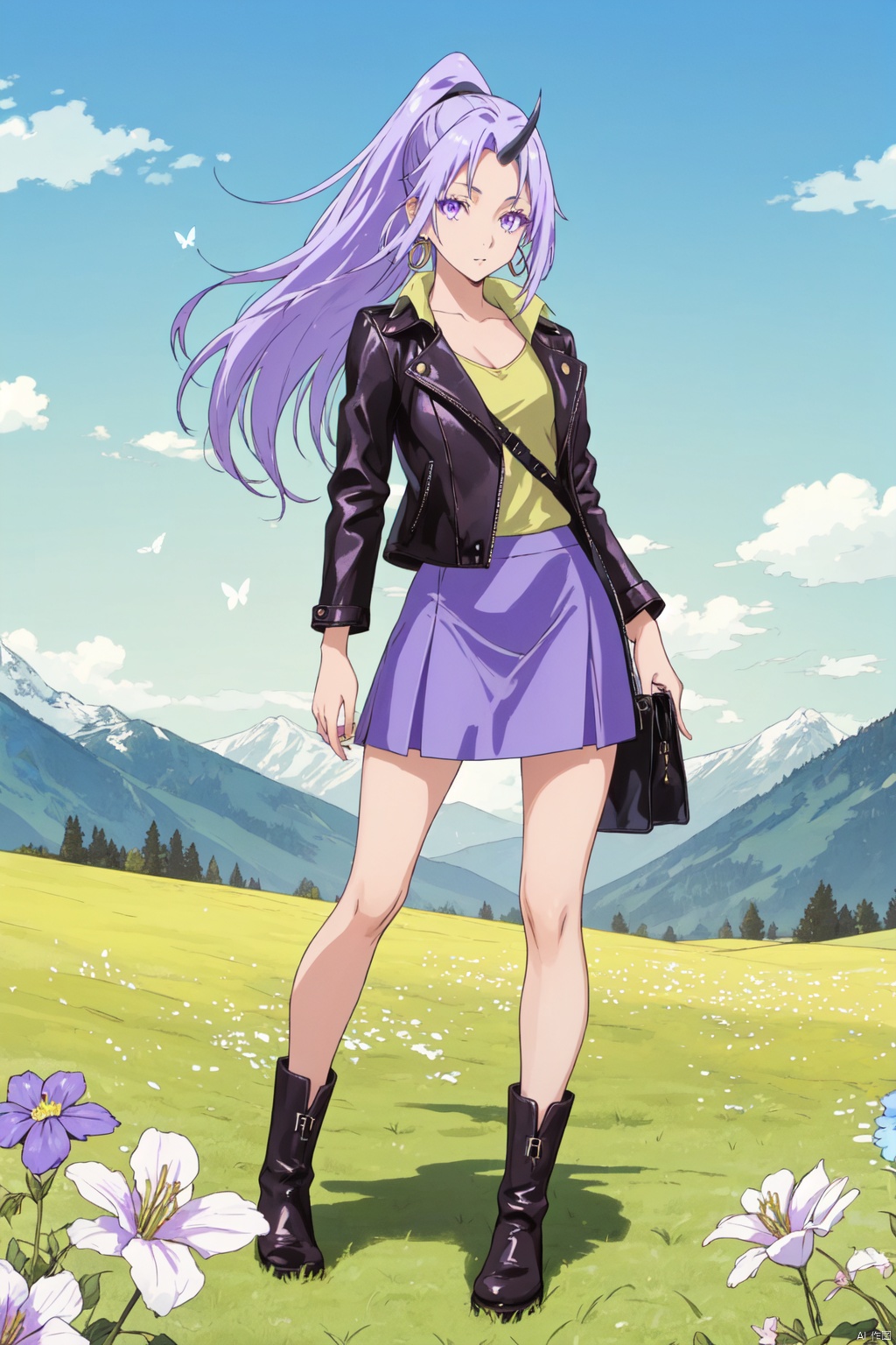 1girl,looking at viewer,solo,oni,purple hair,long hair,horns,ponytail,purple eyes,Leather jacket, midi skirt, ankle boots, crossbody bag, hoop earrings,beautiful face,beautiful eyes,glossy skin,shiny skin,Meadow, Flowers, Grass, Alps, Sunshine, Breeze, Butterflies, Melting snow,beautiful detailed sky,beautiful detailed glow,posing in front of a colorful and dynamic background,masterpiece,best quality,beautiful and aesthetic,contrapposto,female focus,wallpaper,fashion,