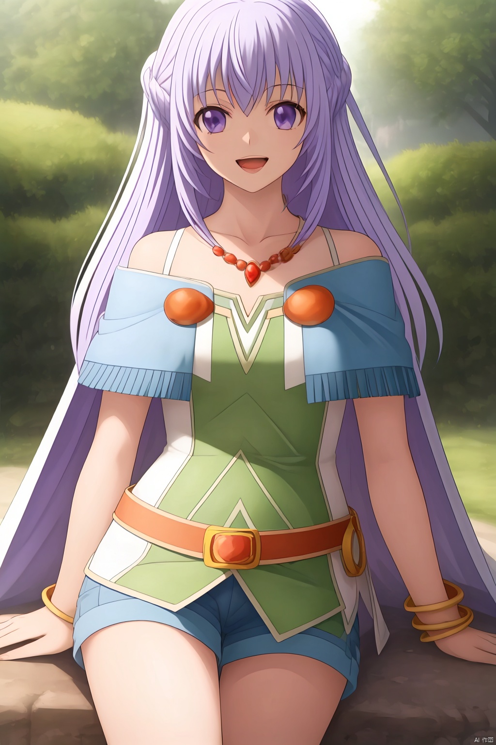 1girl, solo, long hair, looking at viewer, blush, smile, open mouth, bangs, shirt, hair between eyes, bare shoulders, jewelry, sitting, purple eyes, collarbone, purple hair, :d, outdoors, sky, shorts, day, shiny, belt, necklace, off shoulder, cape, shiny hair, bracelet, tree, short shorts, grass, blue shorts, blue cape