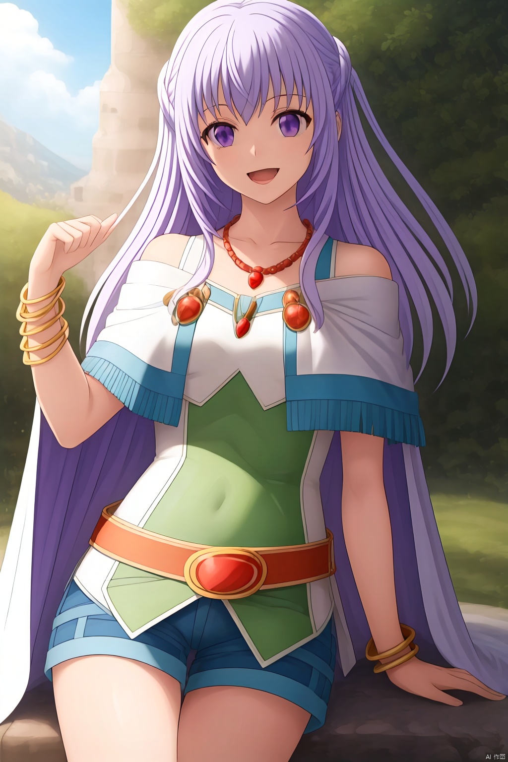 1girl, solo, long hair, looking at viewer, blush, smile, open mouth, bangs, shirt, hair between eyes, bare shoulders, jewelry, sitting, purple eyes, collarbone, purple hair, :d, outdoors, sky, shorts, day, shiny, belt, necklace, off shoulder, cape, shiny hair, bracelet, tree, short shorts, grass, blue shorts, blue cape