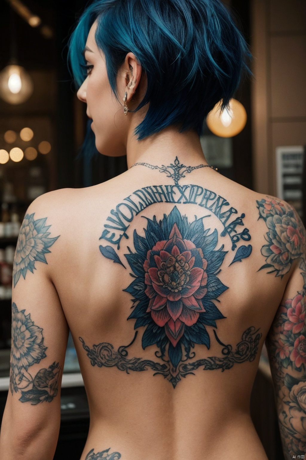 a woman with short blue hair styled to one side, adorned with tattoos on her back.Her vibrant blue hair contrasts beautifully with the intricate tattoos,each design telling a story of expression and artistry. The scene captures a moment of self-expression and individuality,