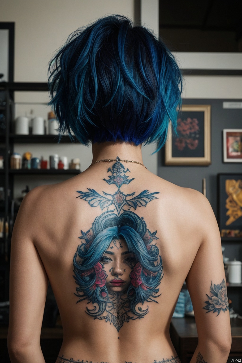 a woman with short blue hair styled to one side, adorned with tattoos on her back.Her vibrant blue hair contrasts beautifully with the intricate tattoos,each design telling a story of expression and artistry. The scene captures a moment of self-expression and individuality,
