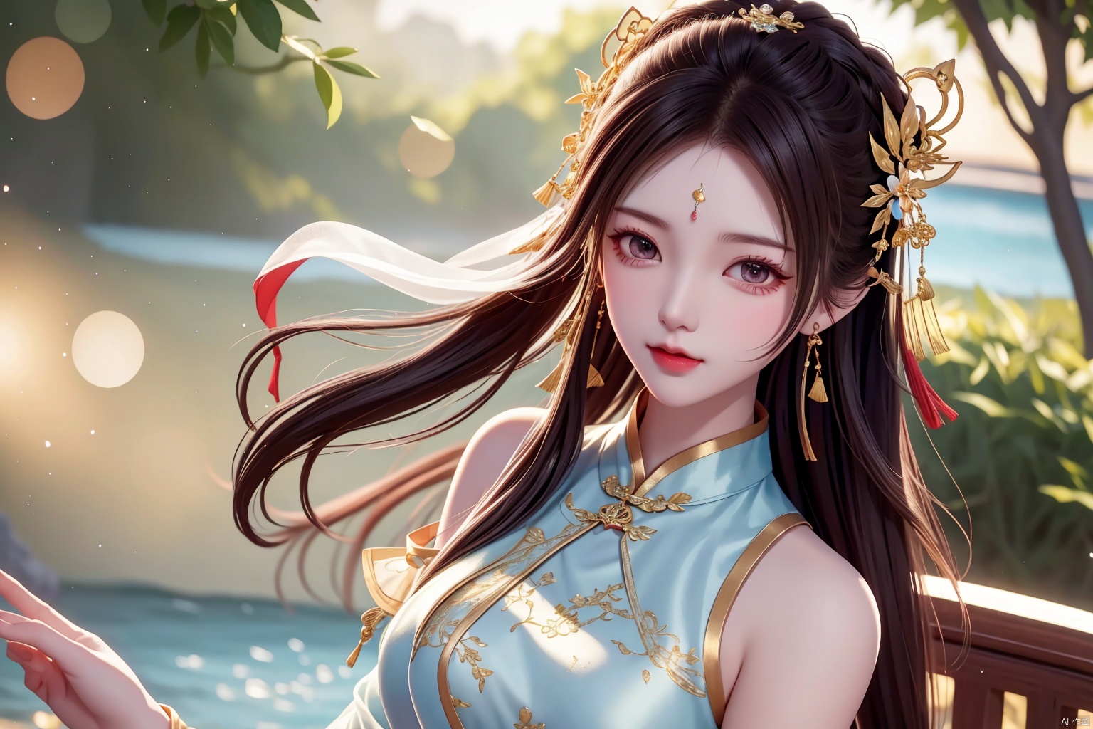  best quality,masterpiece,highres,cg,mature women,1girl,water,solo,jewelry,earrings,cheongsam,hair ornament,splashing,hair bun,lighting,candid,Photograph,high resolution,4k,8k,Bokeh,flower,lighting,white skin,sunshine,,smooooch,smooth fabric,smooth fabric texture,smoothfabric,silk,, SweetSister