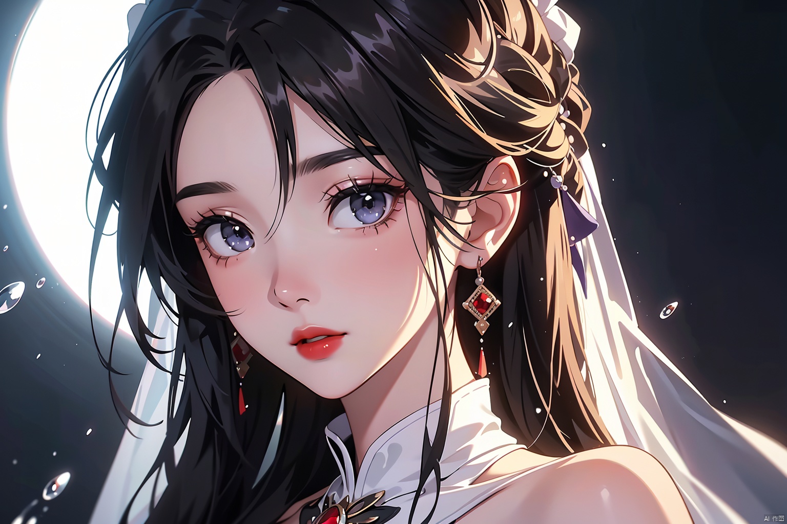  upper_body,bust,portrait,face close-up,(white dress:1.3),standing,light in eyes,Earrings,light smile,1girl,solo_female,(black hair),h,perfect figure,Straight hair, fair face, watery eyes, red lips,, (solo: 1.2), smooth skin, (highly detailed and beautiful eyes) , smooth skin, fair skin, clean face, tender skin, sexy girl,indoors,,dark background,black wall, purpleface,Stage, spotlight,moyou
