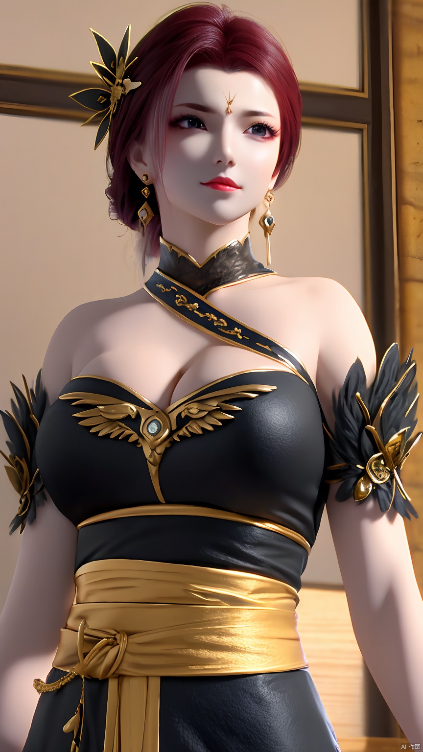  YaFei, black dress, breasts, short hair, large breasts, hair ornament, dress, brown eyes, jewelry, closed mouth, upper body, red hair, earrings, black dress, lips, sash, facial mark, forehead mark, whole body, bare shoulders