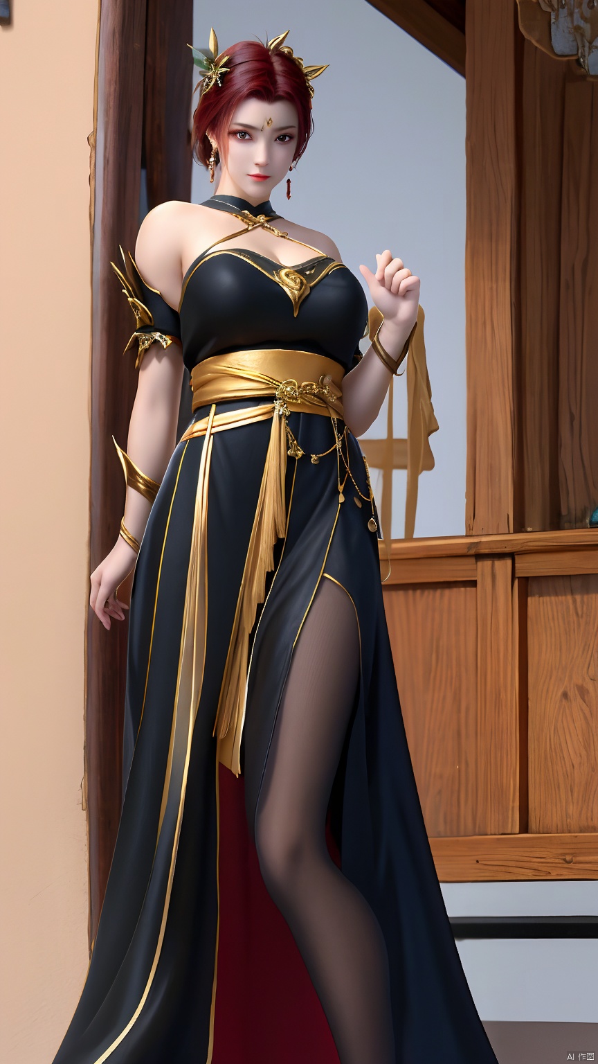  YaFei, black dress, breasts, short hair, large breasts, hair ornament, dress, brown eyes, jewelry, closed mouth, red hair, earrings, black dress, lips, sash, facial mark, forehead mark, bare shoulders, bridal gauntlets, pantyhose, side slit, whole body