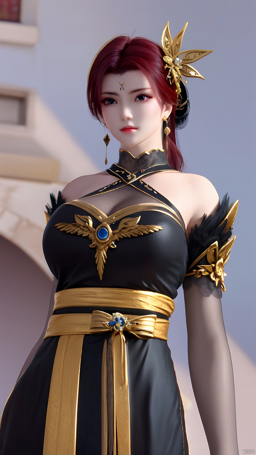  YaFei, black dress, breasts, short hair, large breasts, hair ornament, dress, brown eyes, jewelry, closed mouth, upper body, red hair, earrings, black dress, lips, sash, facial mark, forehead mark, Cowboy perspective, bare shoulders