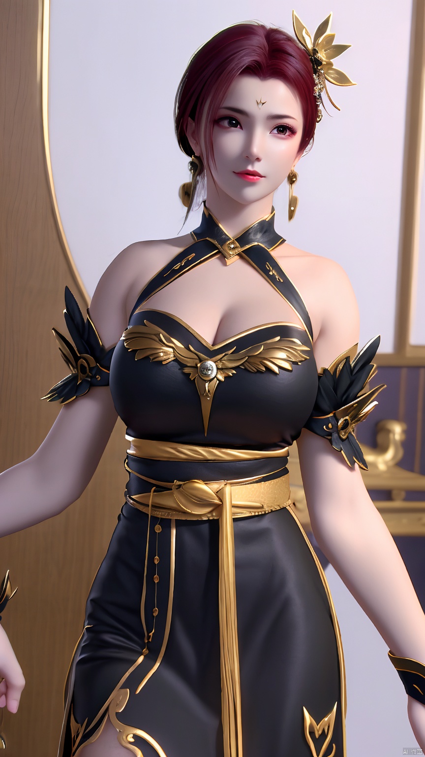  YaFei, black dress, breasts, short hair, large breasts, hair ornament, dress, brown eyes, jewelry, closed mouth, red hair, earrings, black dress, lips, sash, facial mark, forehead mark, bare shoulders, bridal gauntlets, pantyhose, side slit, whole body