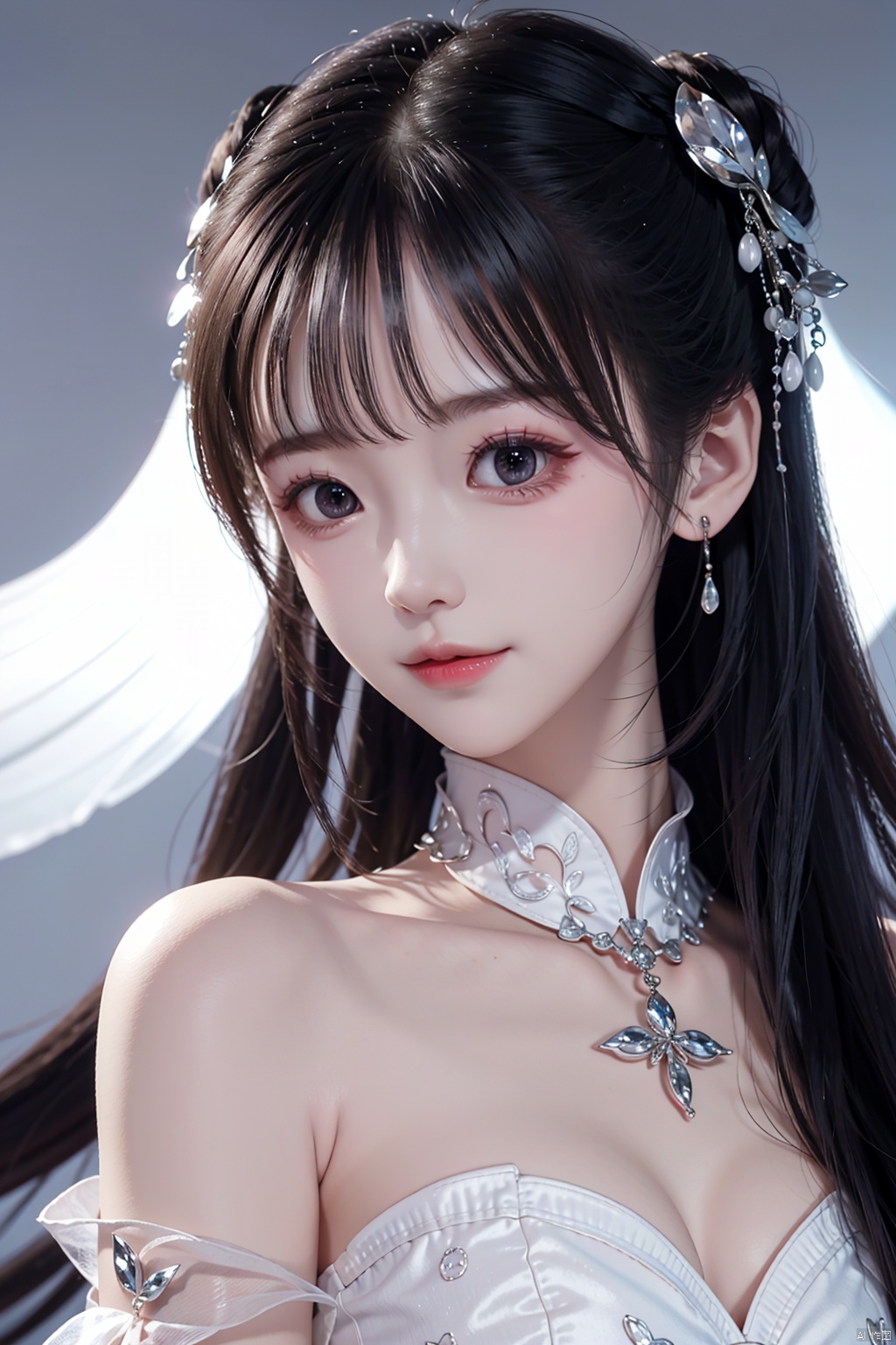  upper_body,bust,portrait,face close-up,(white dress:1.3),standing,light in eyes,Earrings,light smile,1girl,solo_female,(black hair),h,perfect figure,Straight hair, fair face, watery eyes, red lips,, (solo: 1.2), smooth skin, (highly detailed and beautiful eyes) , smooth skin, fair skin, clean face, tender skin, sexy girl,indoors,,dark background,black wall, purpleface,Stage, spotlight