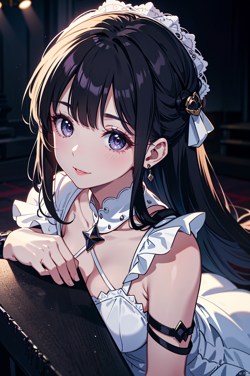  upper_body,bust,portrait,face close-up,(white dress:1.3),standing,light in eyes,Earrings,light smile,1girl,solo_female,(black hair),h,perfect figure,Straight hair, fair face, watery eyes, red lips,, (solo: 1.2), smooth skin, (highly detailed and beautiful eyes) , smooth skin, fair skin, clean face, tender skin, sexy girl,indoors,,dark background,black wall, purpleface,Stage, spotlight