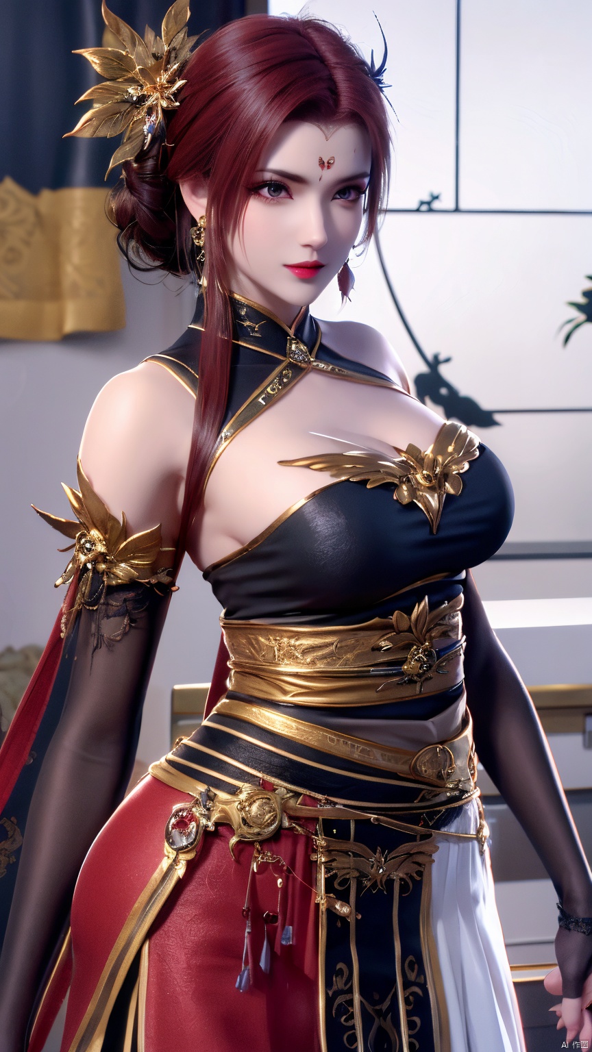  YaFei, black dress, breasts, short hair, large breasts, hair ornament, dress, brown eyes, jewelry, closed mouth, red hair, earrings, black dress, lips, sash, facial mark, forehead mark, bare shoulders, bridal gauntlets, pantyhose, side slit, whole body, back