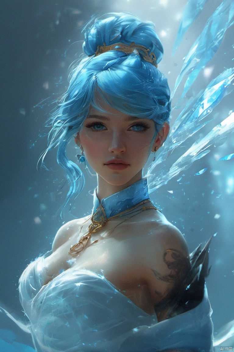  yinhui,intense shadows,lens_flare,looking_at_viewer,hand

CG,Masterpieces, of the best quality,CG masterpiece,best quality, 1girl, solo, breasts, bangs, blue eyes, shirt, dress, hair between eyes, bare shoulders, jewelry, blue hair, upper body, white hair, sky, sleeveless, hair bun, from side, gradient, gradient background, tattoo, profile, sleeveless dress, looking up, armlet, ice, crystal, arm tattoo, looking afar, mwuxia, Chinese ink painting, meidusha, （\personality\）, midjourney