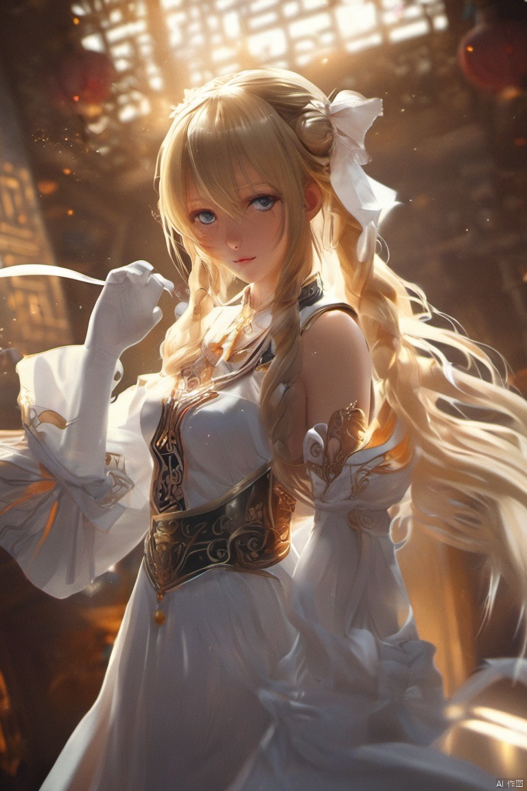  yinhui,intense shadows,lens_flare,looking_at_viewer,hand

1girl, solo, long hair, looking at viewer, blonde hair, gloves, dress, twintails, pantyhose, elbow gloves, indoors, white gloves, chinese clothes, white pantyhose