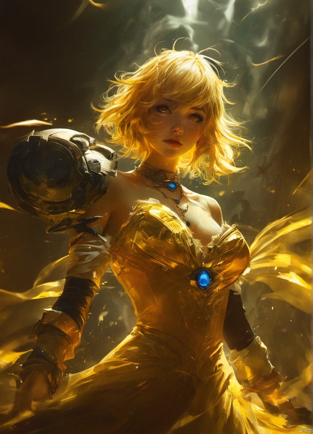  yinhui,intense shadows,lens_flare,looking_at_viewer,hand

1girl,Bangs,off shoulder,colorful_hair,golden dress,yellow eyes,chest,necklace,earrings,floating hair,jewelry,sleeveless,Looking at the observer,parted lips,pierced,energy,electricity,magic,tifa,sssr,blonde hair,hime cut,short hair,