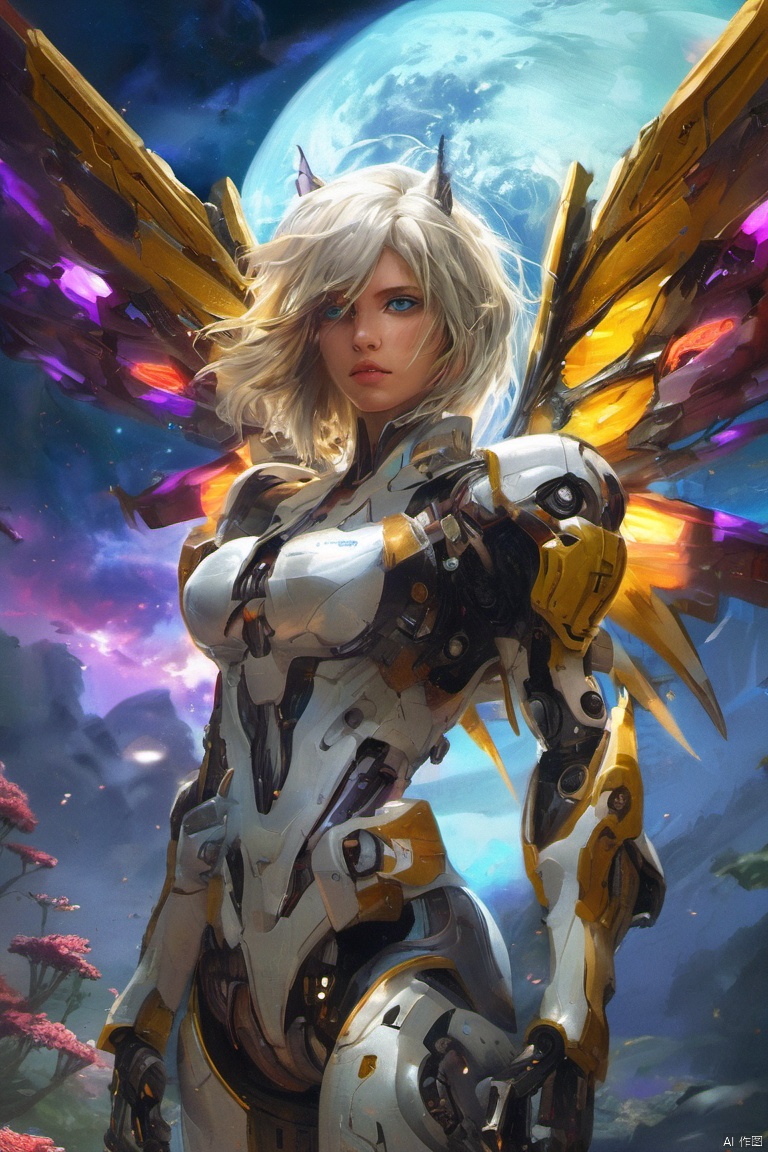  yinhui,intense shadows,lens_flare,looking_at_viewer,hand

1girl,breasts,long hair,holding,weapon,holding weapon,standing,outdoors,floating hair,thigh strap,leotard,blue eyes,white hair,medium breasts,gloves,bangs,day,holding sword,full body,looking at viewer,closed mouth,headgear,armor,very long hair,solo,glowing,robot,[blush],building,white footwear,covered navel,mecha,hair between eyes,white gloves,hair ornament,black socks,sky,backlighting,white leotard,large breasts,cool,'((yellow and black exoskeleton))','((Augmented cyborg))','((Girl fused with a wasp))'((yellow hair color))',wasp wings,wasp tattoo,action scene,queen bee,supermodel,(petalsfall）[[mechagirl]],mecha,up,mecha,,future,solo,looking at viewer,yellow eyes,weapon,white hair,wings,armor,mecha musume,v-fin,long hair,breasts,mecha angel,solo,looking at viewer,blue eyes,yellow eyes,weapon,white hair,wings,[[armor]],[mecha musume],v-fin,long ponytail hair,breasts,big ponytail,petite,whole body,beautiful detailed fullbody,standing,Maro eyebrows,((white skin)),white hair,gray hair,(underboob of whitejacket),shoulder holster,leg holster,pencil skirt,[[mechagirl girl]],shortstacks,huge breasts,cat ear,mecha wings,pretty face,charming eyes,perfect shape,complex design,exquisite picture,[full body mech],white mecha shoes,[outer bone panzer],Photos of vast landscapes,(from below you can see the sky and the fields),a girl standing in a flower bed looking up at the sky,(Full moon :1.2),(meteor :0.9),(nebula :1.3),BREAK making art,mountains in the distance,trees,(warm light source :1.2),(fireflies :1.2),lights,purple and orange,intricate details,Write,BREAK (Masterpiece :1.2),(highest quality),4k,Super Detail,(Dynamic configuration :1.4),very detailed and colorful details (Rainbow colors :1.2),(Shining lights, atmospheric lights),Fantastic,Magical,(Solo :1.2),