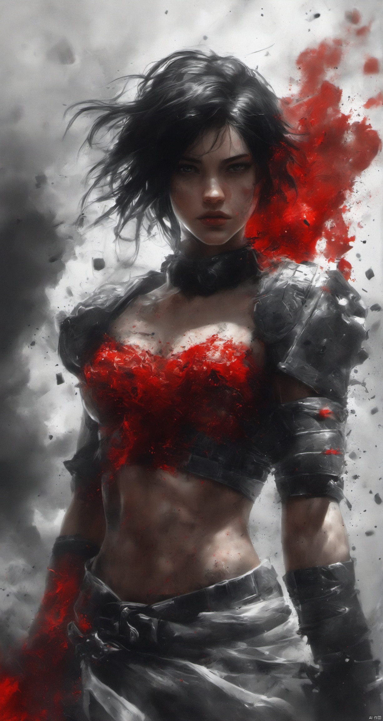 1 girl,white background,black hair,muscular,upper body,solo,bare shoulders,strapless dress,cutout above navel,fighting stance,full-body tattoo,Stylish poses,white sky,white skin,white people,mesugaki,blank background,halo,light effect,wide_shot,lens_flare,looking_ahead,blood red effect,arms_crossed,