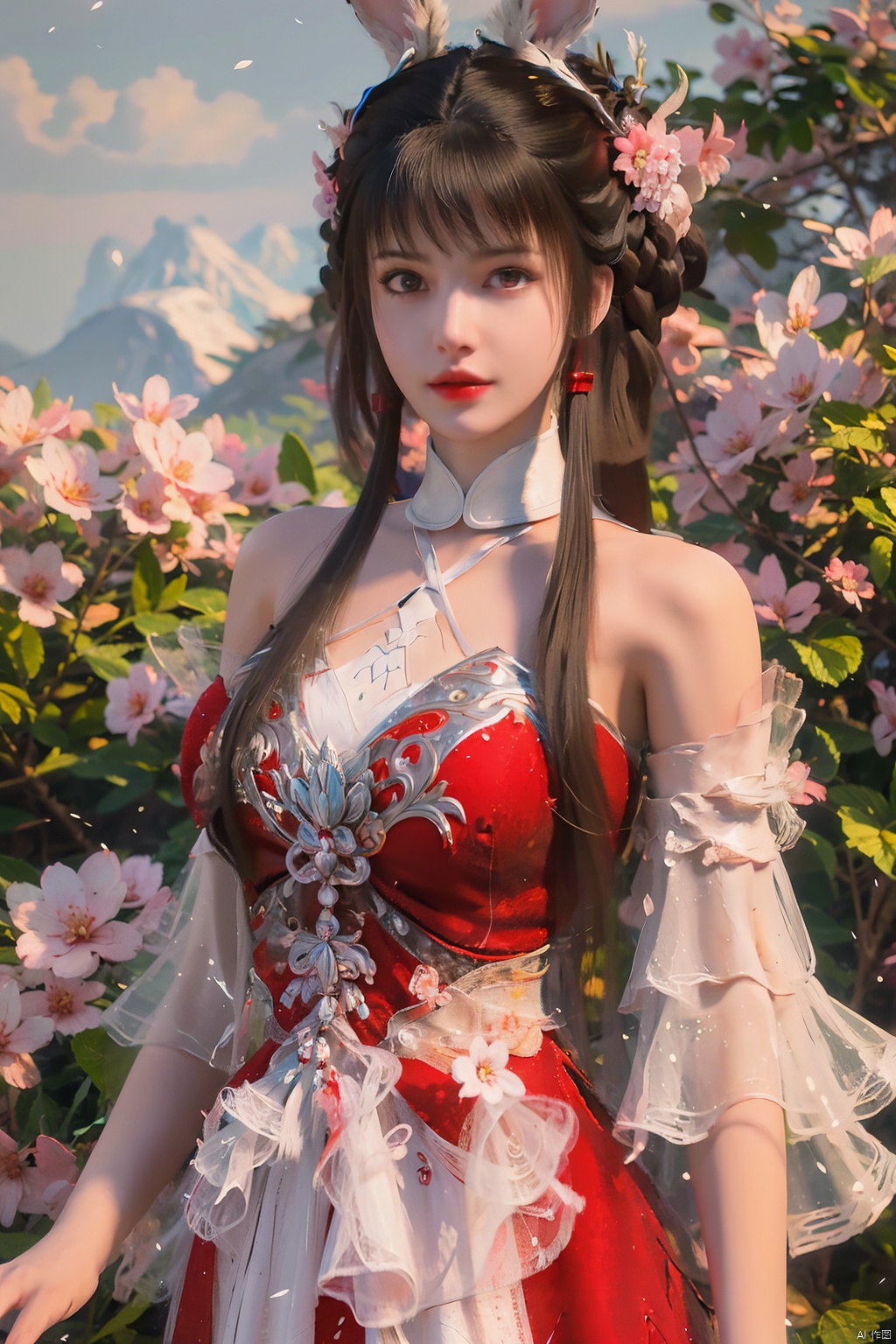  ((4k,masterpiece,best quality)), professional camera, 8k photos, wallpaper, 
 1girl, solo, long hair, breasts, hair ornament, red eyes, thighhighs, (red_dress:1.3), animal ears, bare shoulders, standing, full body, white pantyhose:1.5),flower, outdoors, sky, day, hair flower, water, hair bun, rabbit ears, high heels, white thighhighs, tree, see-through, petals, double bun, short dress, white footwear, cherry blossoms, pink dress, mountain, rabbit girl, meiren-red lips