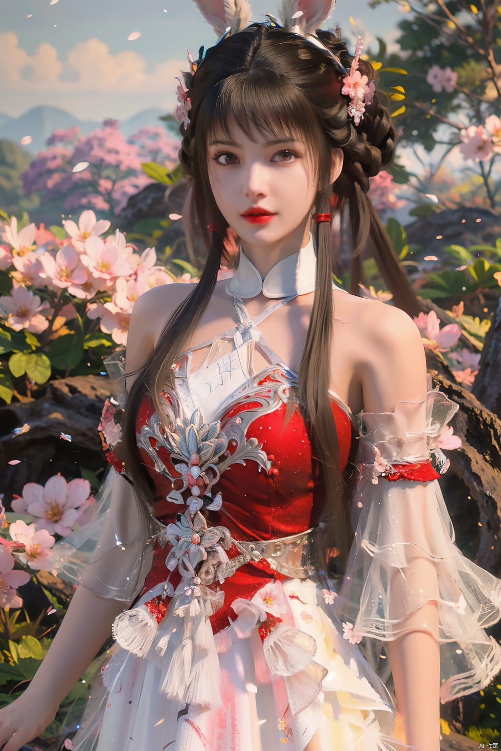  ((4k,masterpiece,best quality)), professional camera, 8k photos, wallpaper, 
 1girl, solo, long hair, breasts, hair ornament, red eyes, thighhighs, (red_dress:1.3), animal ears, bare shoulders, standing, full body, white pantyhose:1.5),flower, outdoors, sky, day, hair flower, water, hair bun, rabbit ears, high heels, white thighhighs, tree, see-through, petals, double bun, short dress, white footwear, cherry blossoms, pink dress, mountain, rabbit girl, meiren-red lips