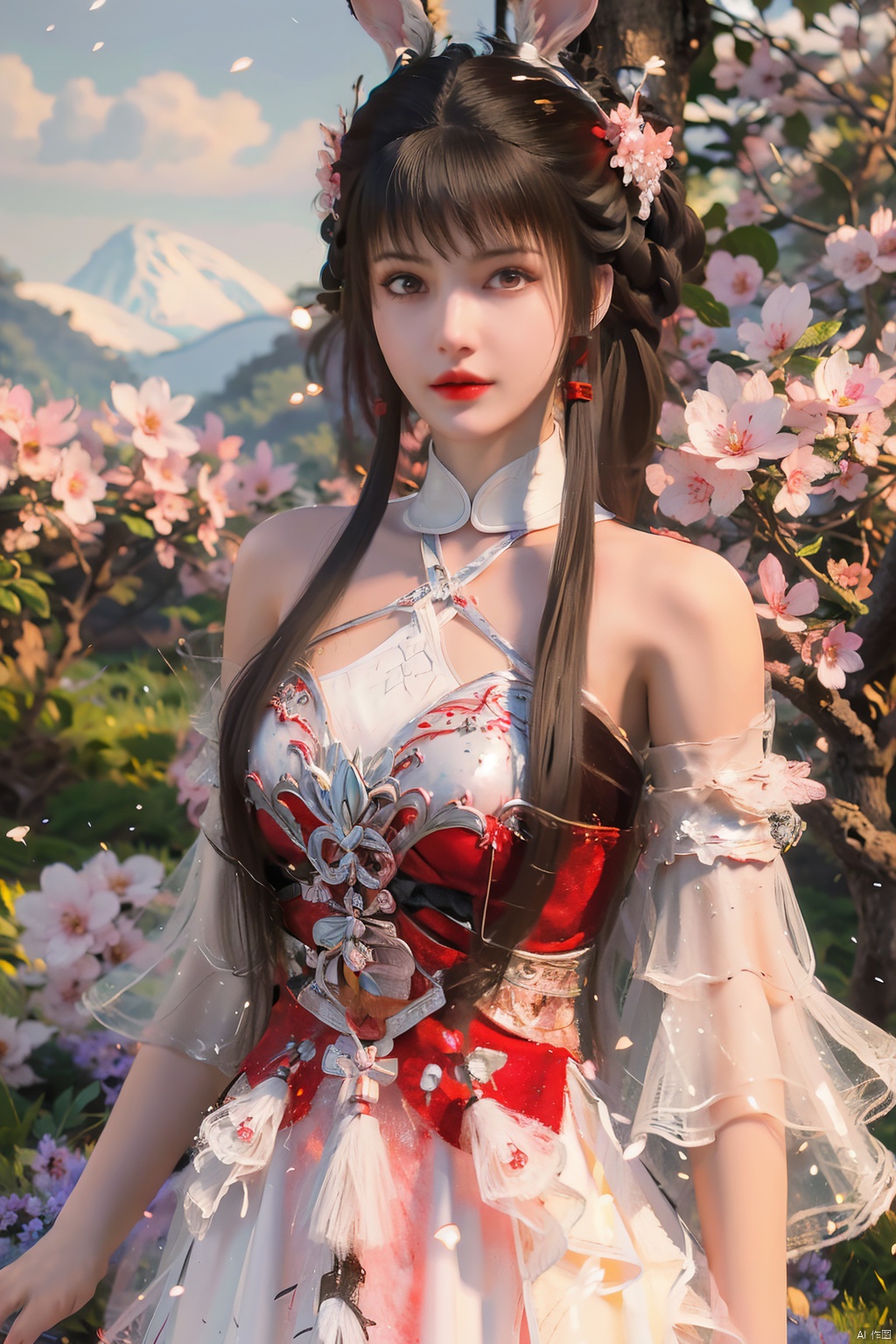  ((4k,masterpiece,best quality)), professional camera, 8k photos, wallpaper, 
 1girl, solo, long hair, breasts, hair ornament, red eyes, thighhighs, (red_dress:1.3), animal ears, bare shoulders, standing, full body, white pantyhose:1.5),flower, outdoors, sky, day, hair flower, water, hair bun, rabbit ears, high heels, white thighhighs, tree, see-through, petals, double bun, short dress, white footwear, cherry blossoms, pink dress, mountain, rabbit girl, meiren-red lips