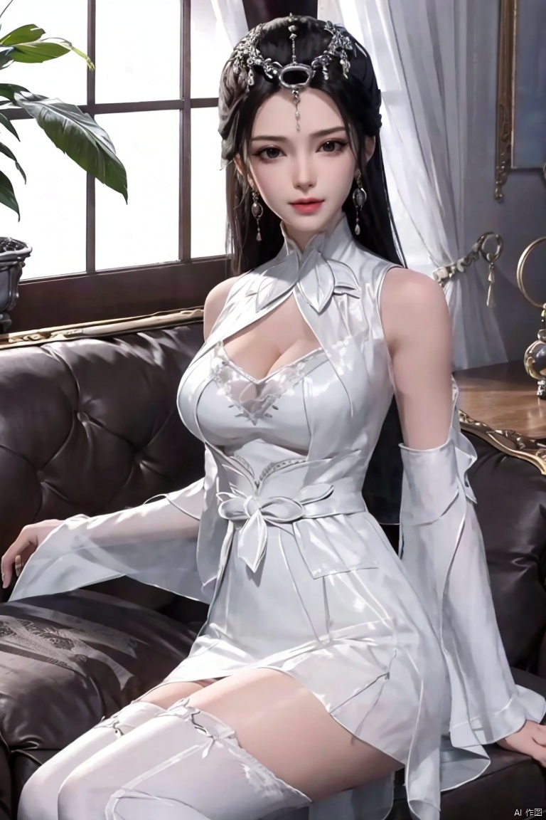 detailed background, official art,8K, high quality, beautiful wallpaper, high detail,1girl, solo, long hair, breasts, looking at viewer, black hair, hair ornament, thighhighs, dress, cleavage, bare shoulders, sitting, full body, earrings, indoors, white dress, high heels, white thighhighs, clothing cutout, cleavage cutout, curtains, couch, on couch