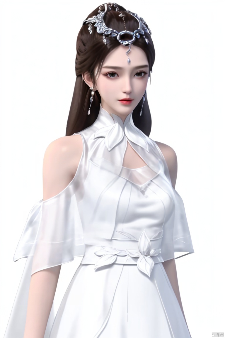 1girl, solo, long hair, brown hair, black hair, hair ornament, white background, dress, bare shoulders, jewelry, upper body, earrings, white dress, clothing cutout, tiara, realistic