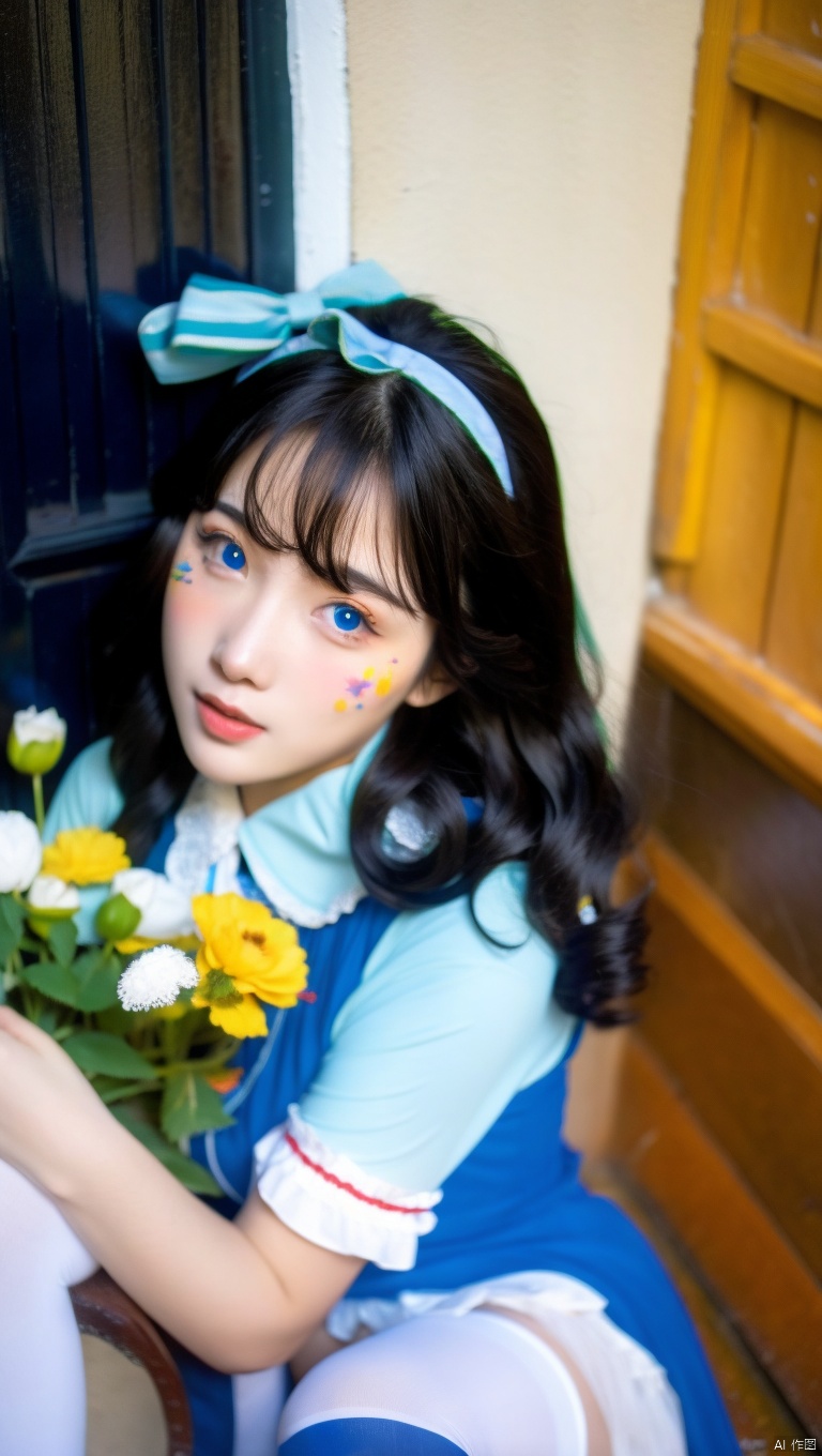  1girl, long wavy hair, blue eyes, thighhighs, looking at viewer, white thighhighs, sitting, bow, , dress, cherry, hair bow, blush, food, lips, apron, indoors, bangs, short sleevesblue dress, parted lips, facial mark, short hair, lace, smile, frills,holding, flower,skirt, , puffy short sleeves, ribbon, lace trim