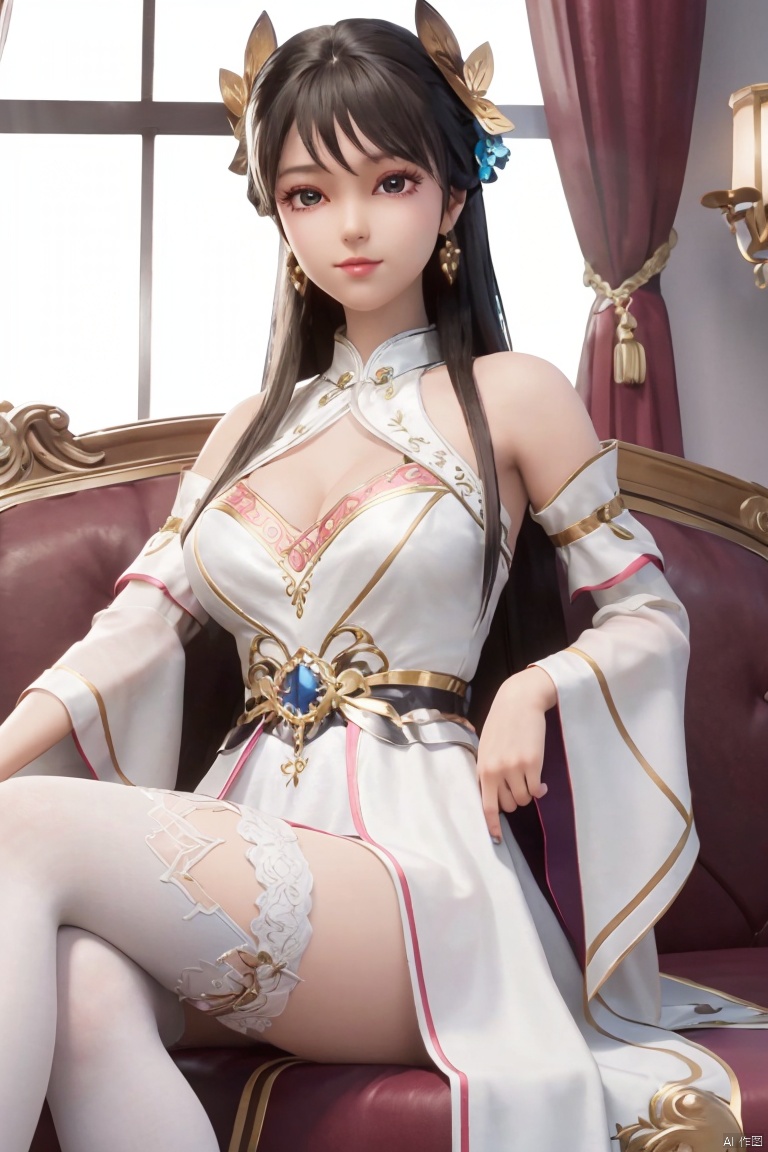  detailed background,8K, high quality, beautiful wallpaper, high detail,1girl, solo, long hair, breasts, looking at viewer, black hair, hair ornament, thighhighs, dress, cleavage, bare shoulders, sitting, full body, earrings, indoors, white dress, high heels, white thighhighs, clothing cutout, cleavage cutout, curtains, couch, on couch,(crossed legs), g/xer