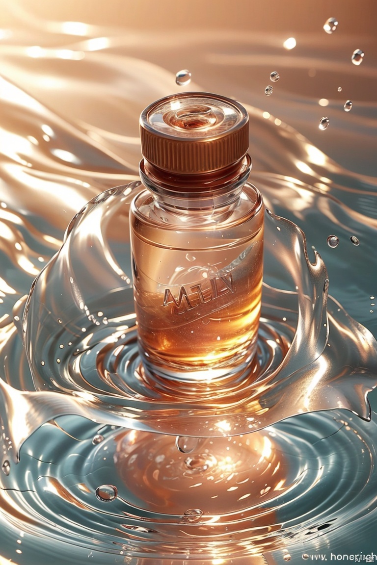 Product photography, no one, still life, bubble, glass bottle, bubble, watermarked flower, transparent frosted glass bottle, the product is placed on the bubble, the background is a round, transparent bubble, the background has many small bubbles, blue background,