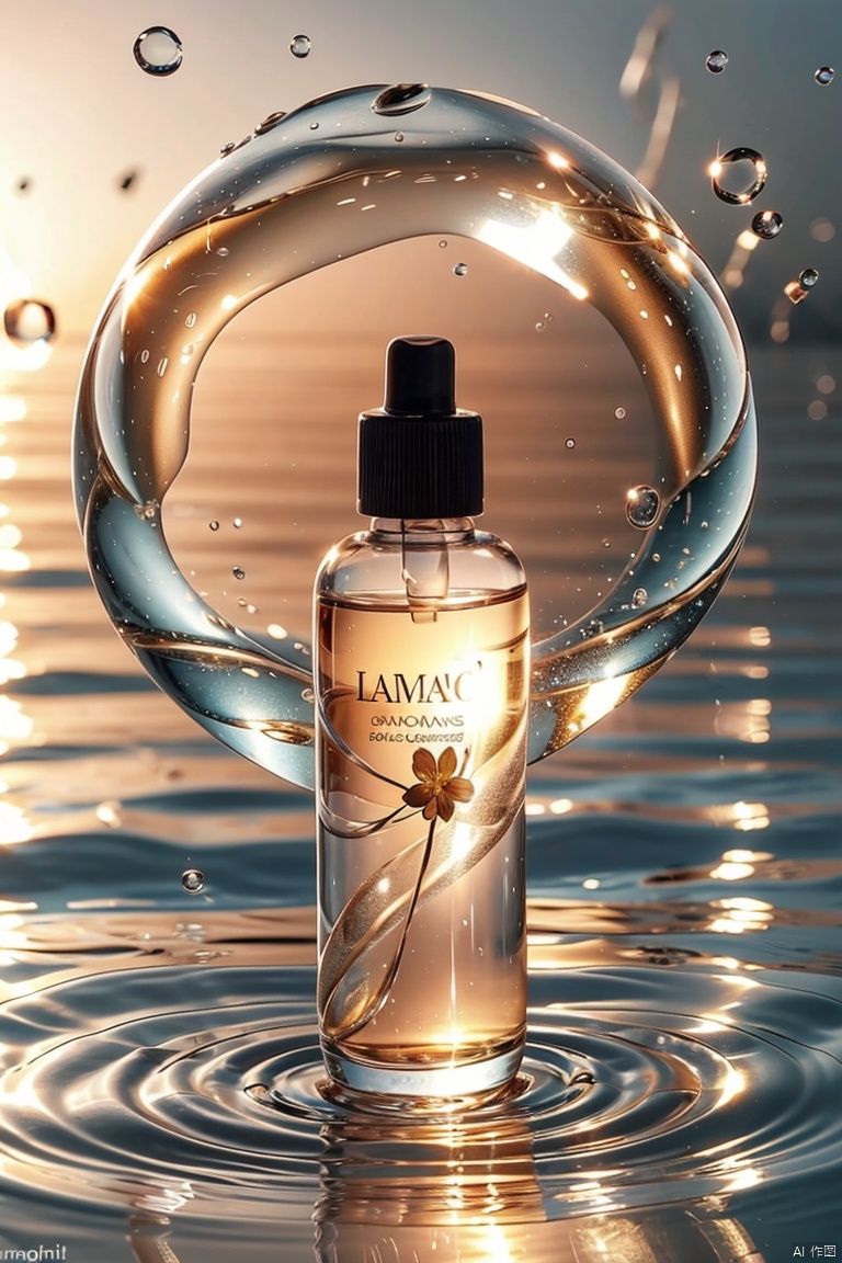 Product photography, no one, still life, bubble, glass bottle, bubble, watermarked flower, transparent frosted glass bottle, the product is placed on the bubble, the background is a round, transparent bubble, the background has many small bubbles, blue background,