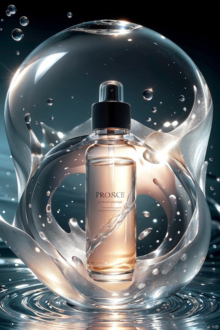 Product photography,Without humans,Still Life,Blisters,Glass bottles,Bubbles,Water print,Silver bottle cap, Black bottle body, The product is placed on the blister, The background is a round, transparent bubble, There are a lot of little blisters in the background, Blue background,