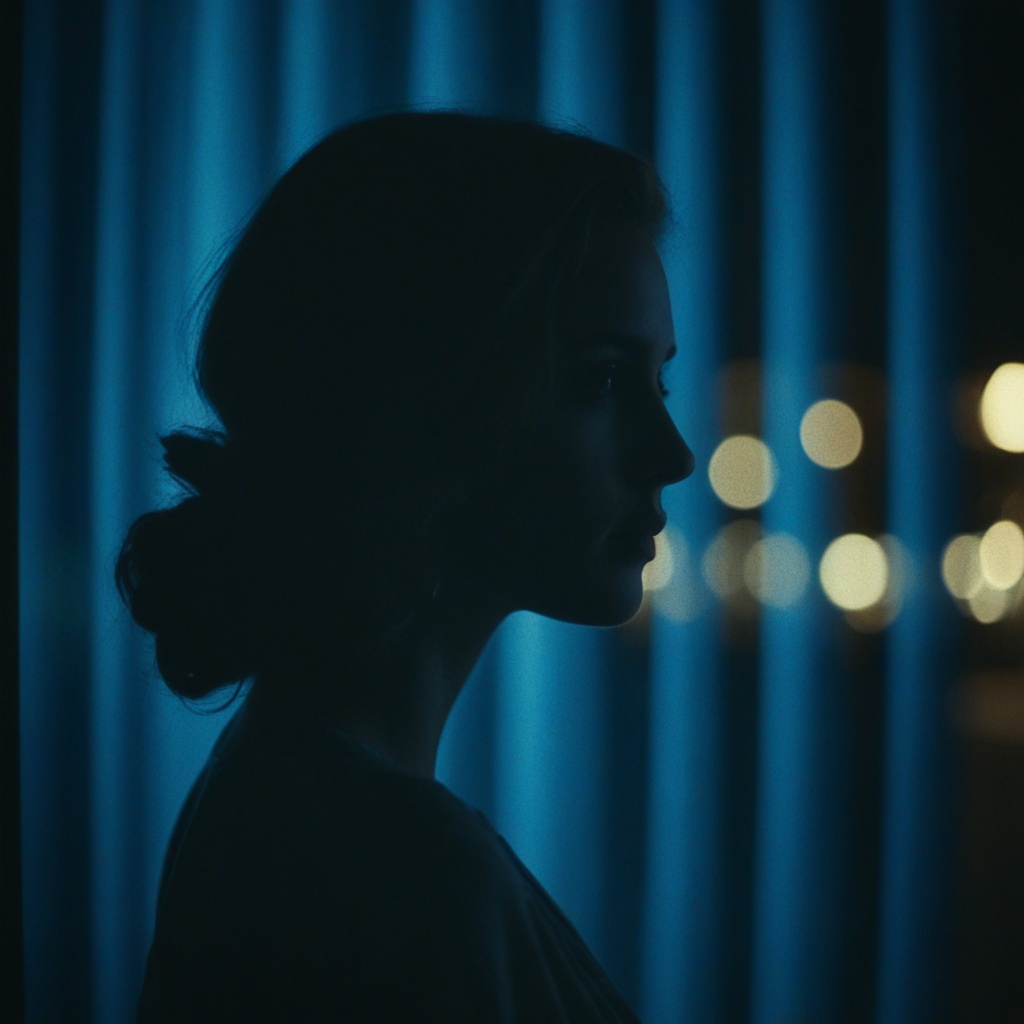 cinematic film still of A silhouette photo of a pretty woman looking at camera in a dark street at blue night with her fac...