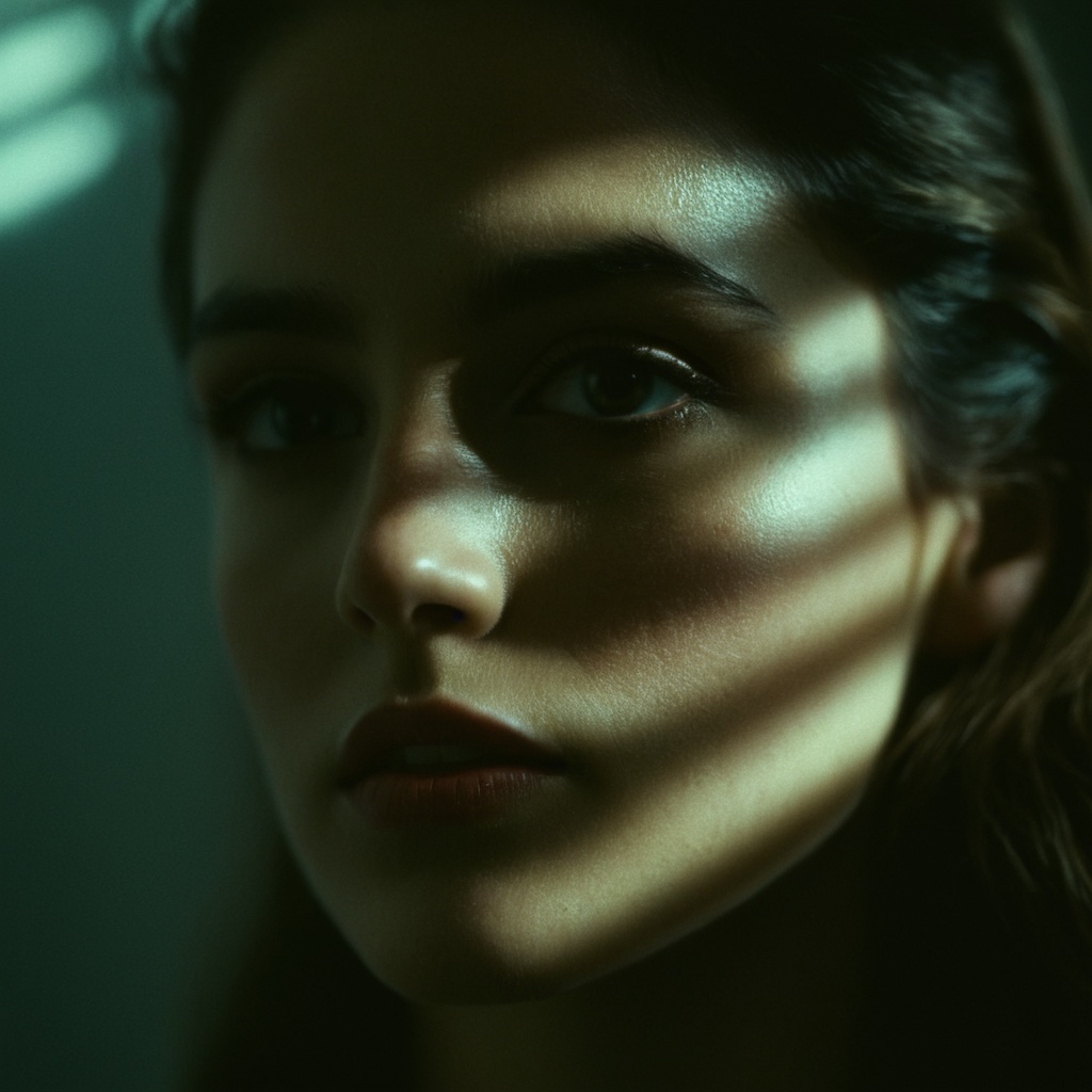 cinematic film still of A cucoloris patterned illumination casting a horizontal rectangle strip shadow on a woman with a h...