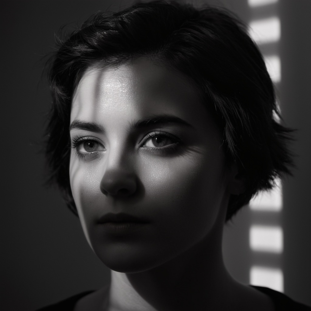 cinematic film still of A cucoloris patterned illumination casting a horizontal rectangle strip shadow on a woman with a h...