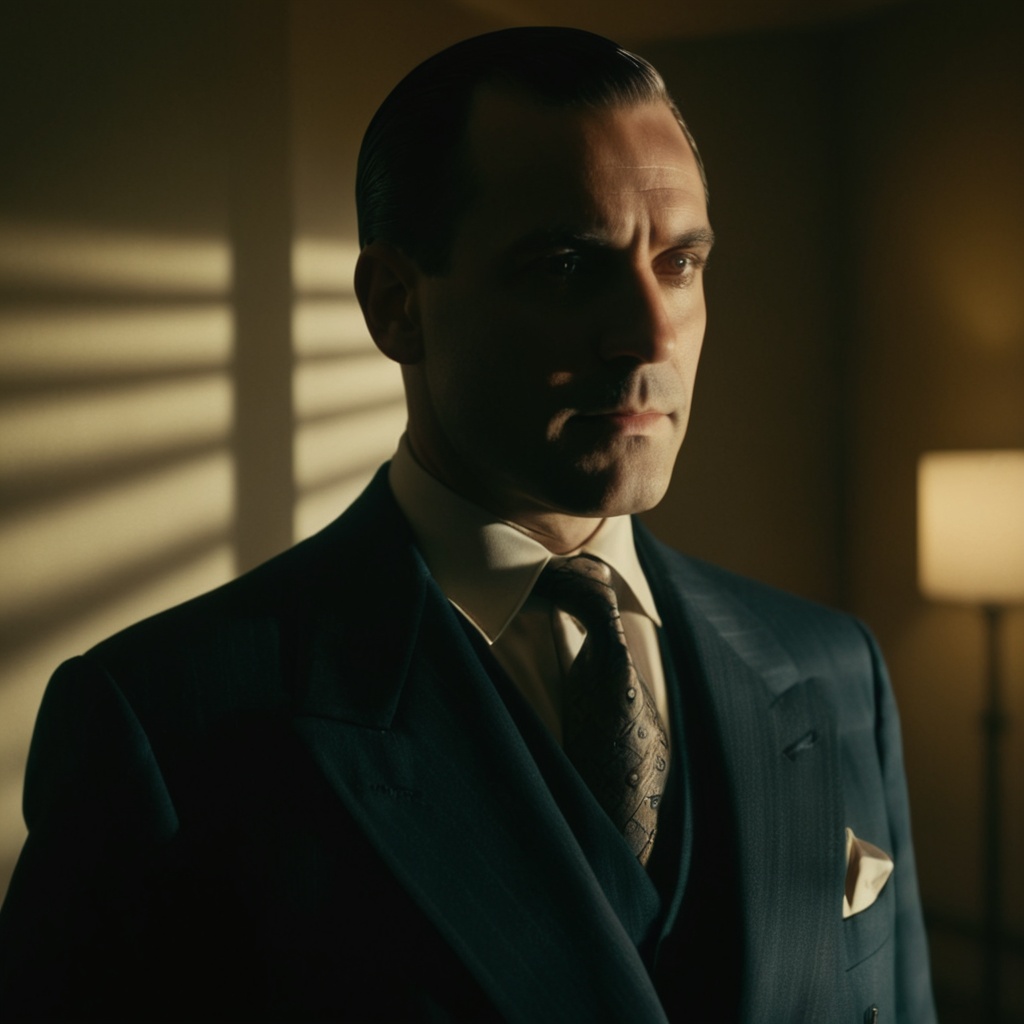 cinematic film still of A cucoloris patterned illumination casting a diagonal shadow on a 1940'sman in a suit and tie stan...