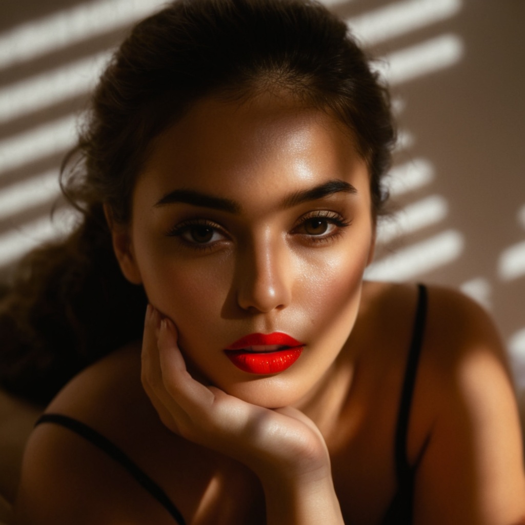 breathtaking,  From above,  A cucoloris patterned illumination casting a window shadow on a red lips woman laying in bed w...