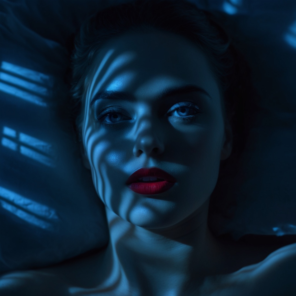 breathtaking,  From above,  A cucoloris patterned illumination casting a window shadow on a red lips woman laying in bed w...