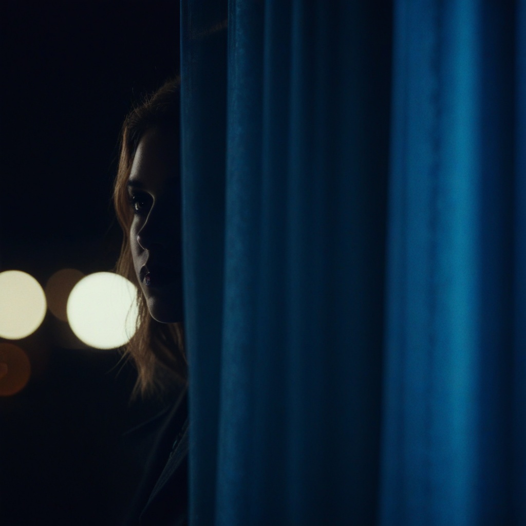 cinematic film still of A silhouette photo of a pretty woman looking at camera in a dark street at blue night with her fac...