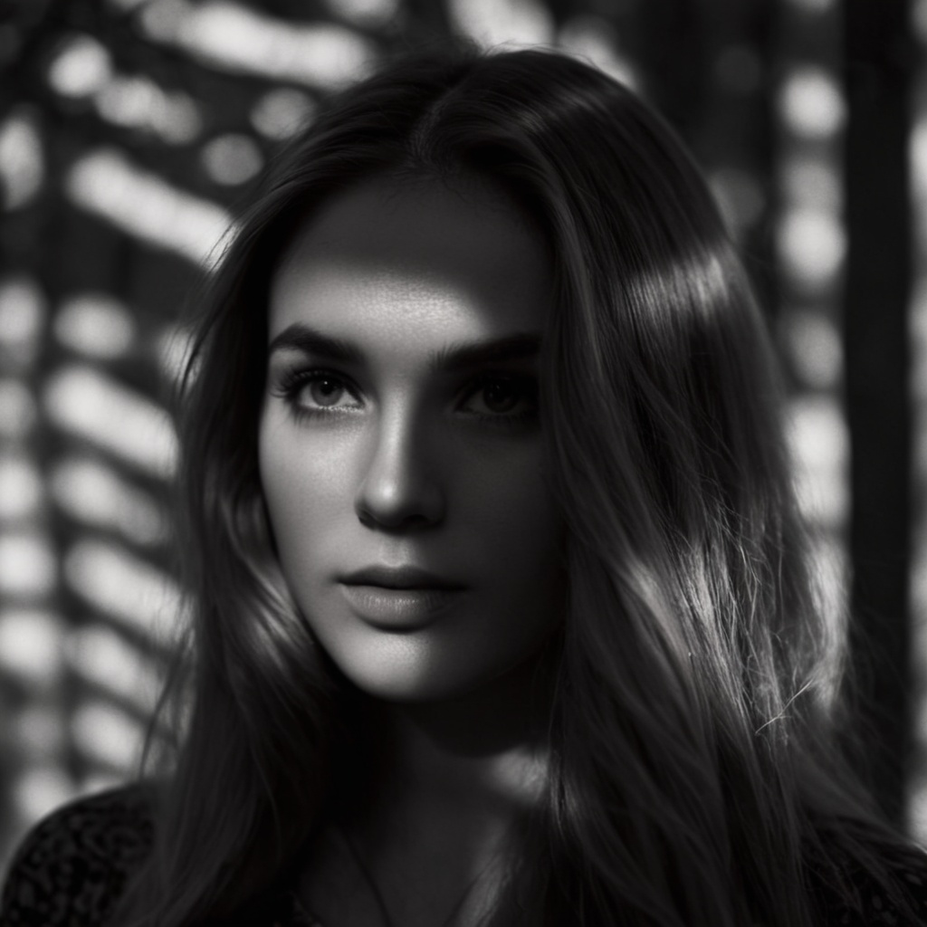 cinematic film still of A cucoloris patterned illumination casting a tree branch shadow on a modeling woman with long hair...