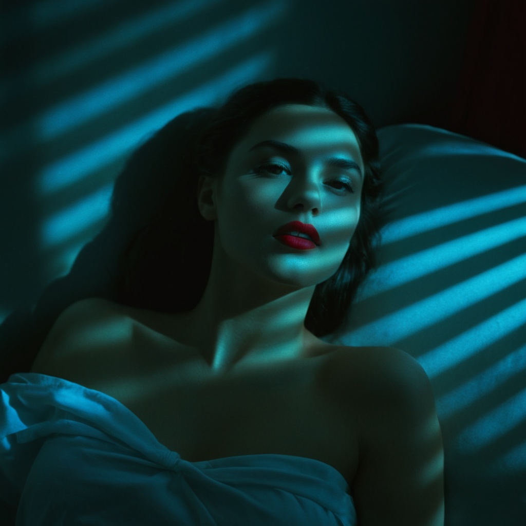 breathtaking,  From above,  A cucoloris patterned illumination casting a window shadow on a red lips woman laying in bed w...